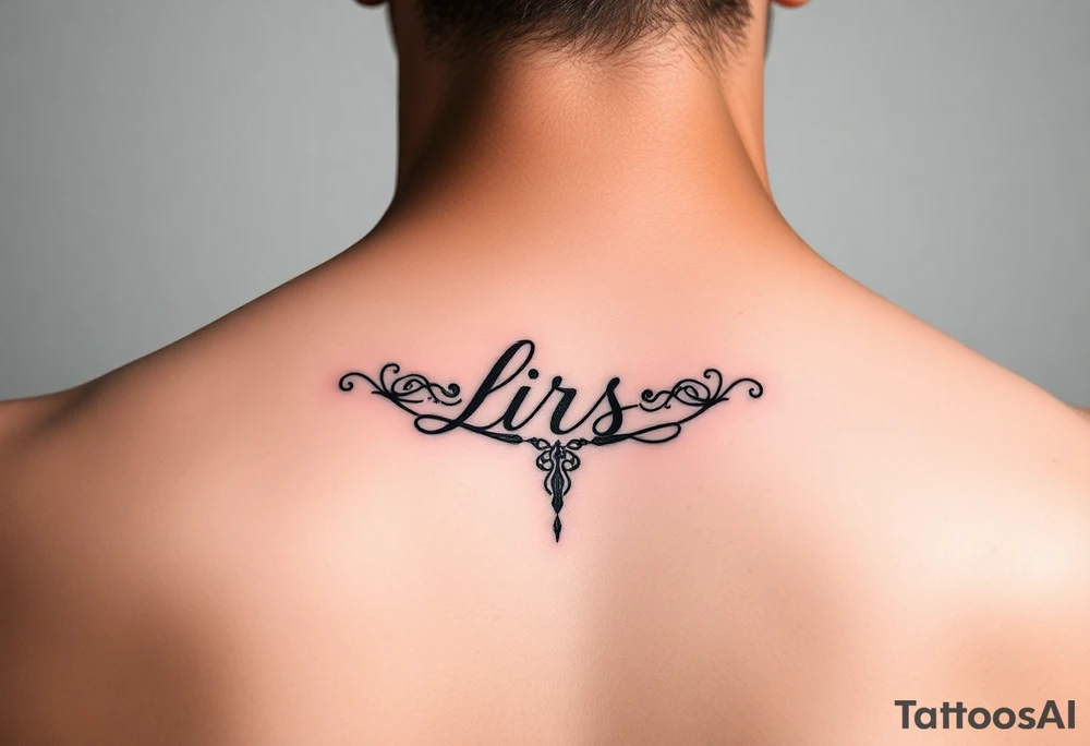 Feminine lkiss mark tattooed on the neck with the initials lrs beside it tattoo idea
