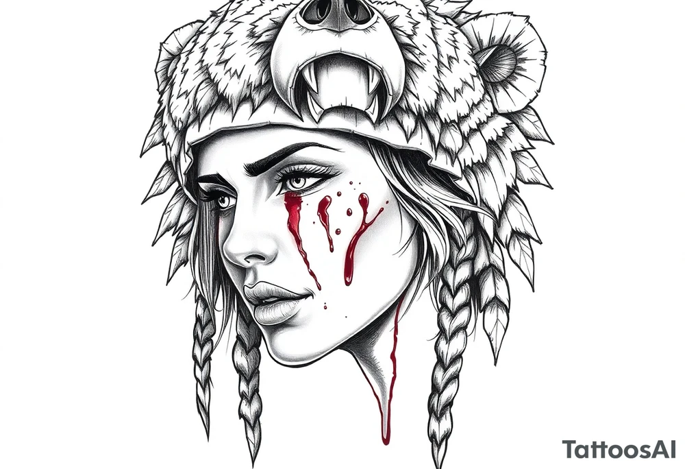 Beautiful Womans shedding a tear, with battle scars and blood on face, wearing a mean looking bear headdress on head tattoo idea
