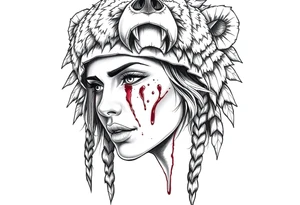 Beautiful Womans shedding a tear, with battle scars and blood on face, wearing a mean looking bear headdress on head tattoo idea