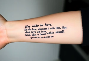 proverbs 26: 25-26
He who hates, disguises it with his lips, And lays up deceit within himself,Their hatred may be concealed by deception, but their wickedness will be exposed in the assembly tattoo idea
