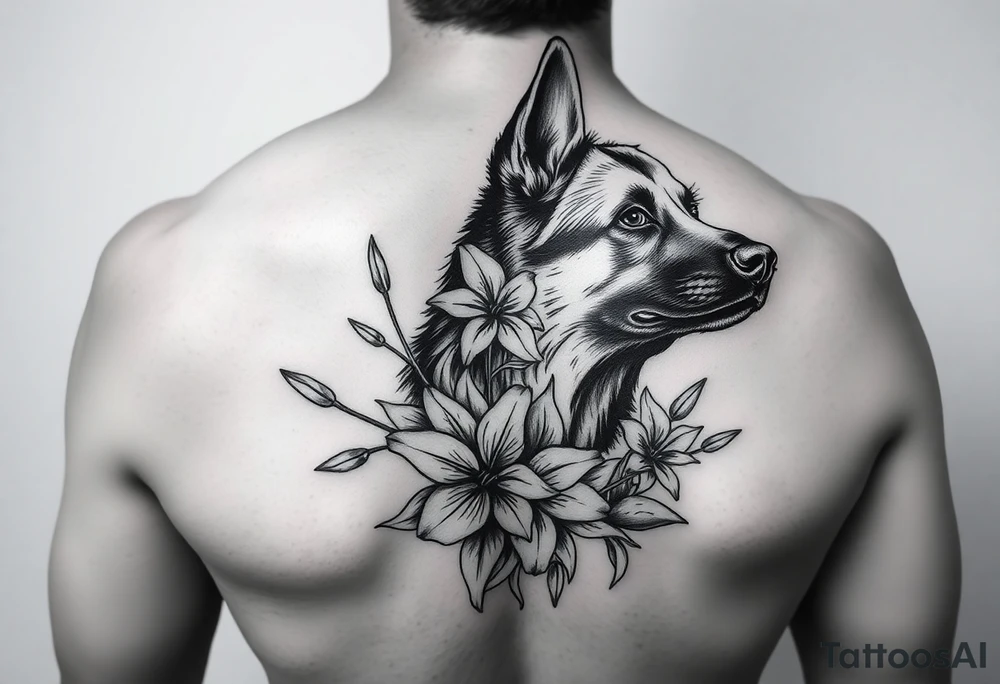 short haired german shepherd floral lilies tattoo idea