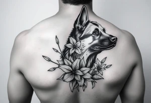 short haired german shepherd floral lilies tattoo idea