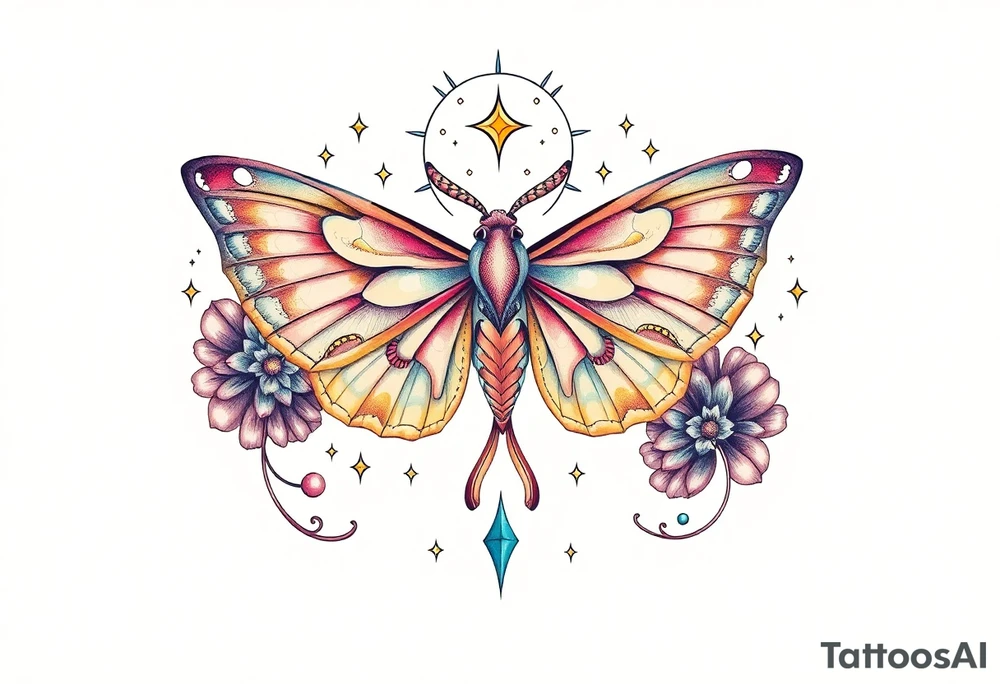 Delicate Luna moth surrounded by celestial accents tattoo idea