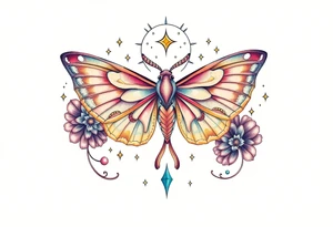Delicate Luna moth surrounded by celestial accents tattoo idea