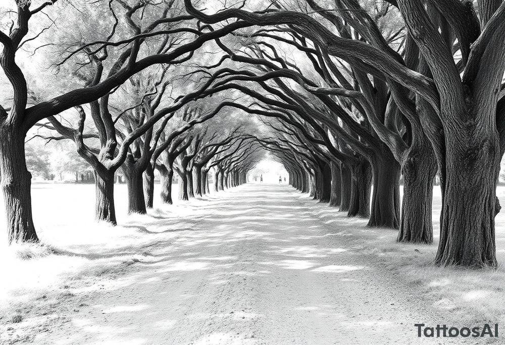 Tree lined dirt road. Road is rough, not smooth. Trees are oak, lining the road unevenly, tight so little light gets through. Branches arch across the road, some meeting in the middle. Dappled sunlight where it hits. Road gets smaller in the distance. tattoo idea