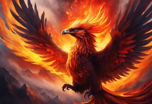 beautiful phenix, rising from fire and ash, signaling rebirth, renewal, beautiful, intricate, orange, red, deep red, bright orange, light yellow,. dark yellow, ethereal, foggy, cloudy, heaven like tattoo idea