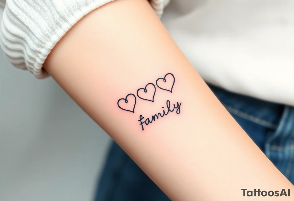 A minimalist infinity symbol with three hearts including word "family" tattoo idea