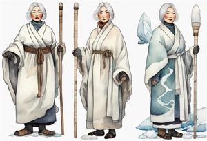 a 4middle aged Inuit woman with white hair and a white robe and white mittens and mukluks holding a plain white staff, standing on an iceberg tattoo idea
