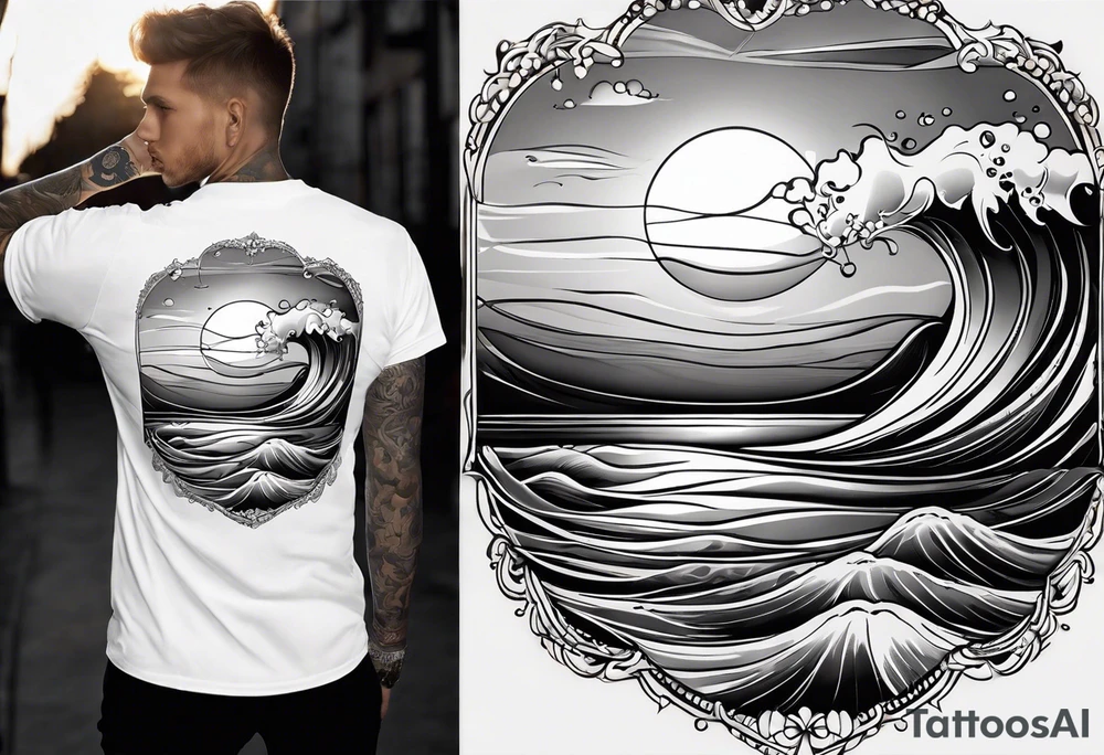 Tattoo from the perspective of being on the ocean at sunset. Water is calm, with very light waves, the sun is setting behind the ocean, reflecting light onto the ocean. tattoo idea