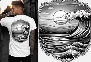 Tattoo from the perspective of being on the ocean at sunset. Water is calm, with very light waves, the sun is setting behind the ocean, reflecting light onto the ocean. tattoo idea
