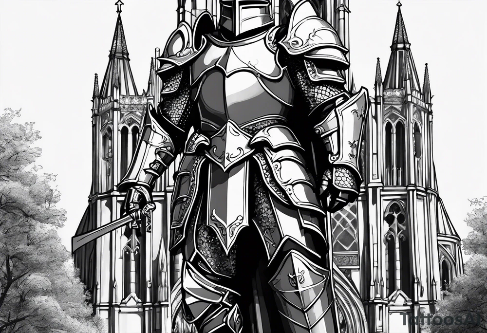 knight heavy armor in front of cathedral tattoo idea