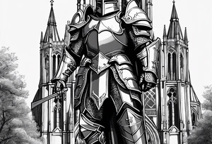 knight heavy armor in front of cathedral tattoo idea