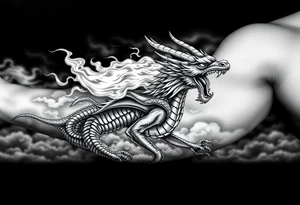 fierce dragon breathing iridescent fire against stormy skies tattoo idea