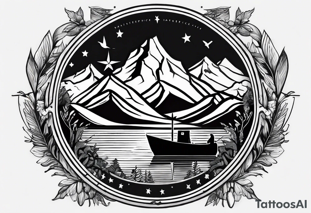 The word "HARK" as a banner with a mountain, a carabiner, compass, lake and an airplane in a circular design tattoo idea