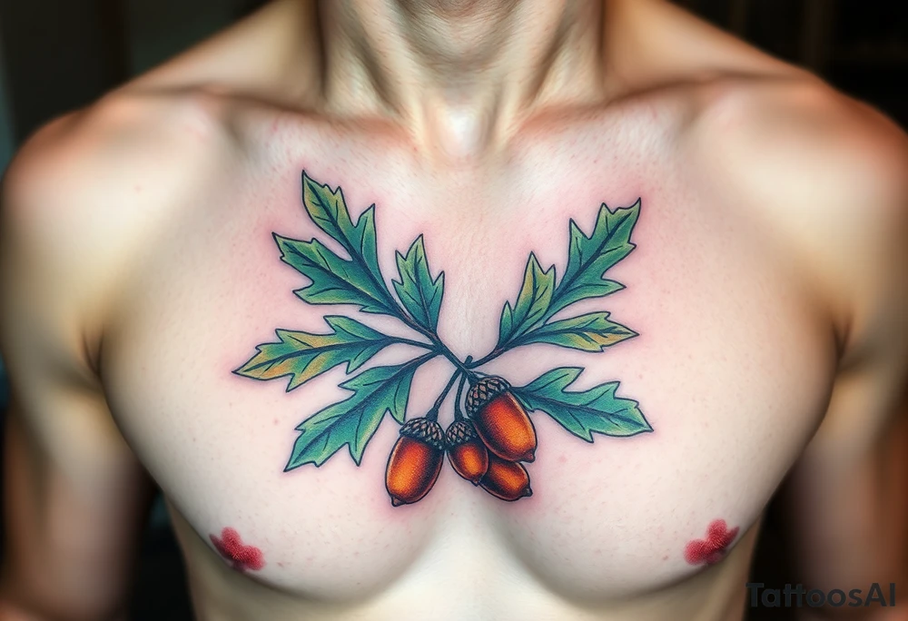 on the chest an oak branch with thick leaves and acorns oak branch with thick leaves and acorns tattoo idea