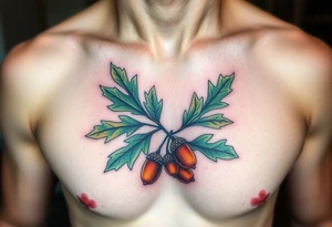 on the chest an oak branch with thick leaves and acorns oak branch with thick leaves and acorns tattoo idea