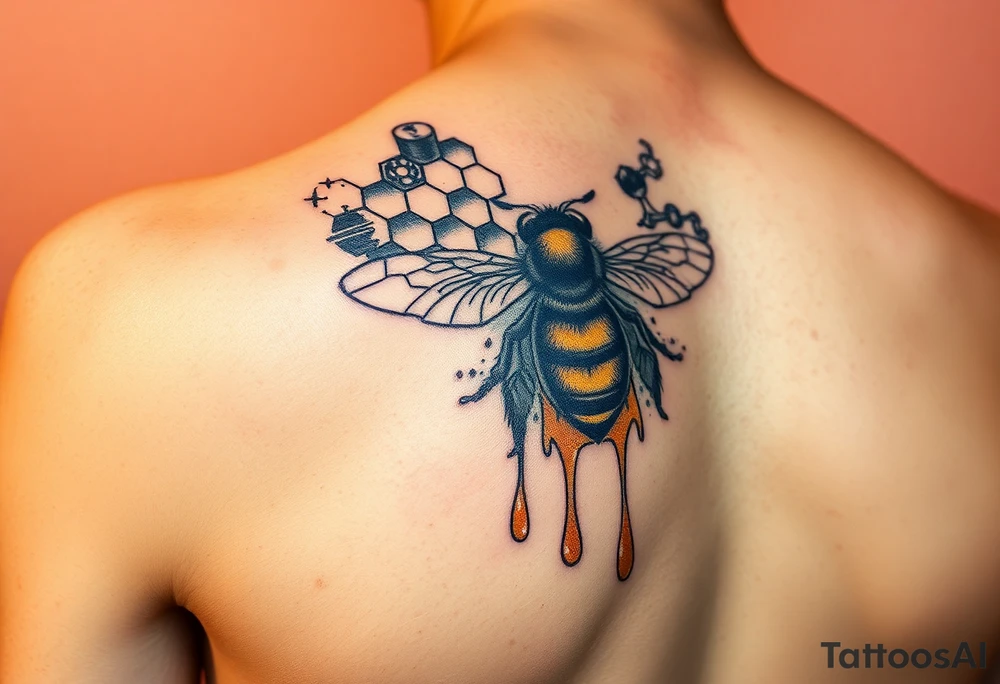 honeycomb with bee and dripping honey on a steampunk design on the upper arm tattoo idea
