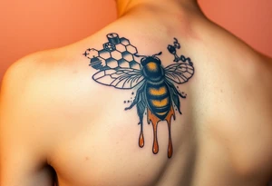 honeycomb with bee and dripping honey on a steampunk design on the upper arm tattoo idea