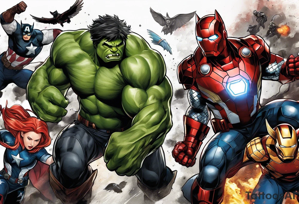 I want to change Avengers Team characters with animals. Hulk will be Badger, Thor will be Alpha Grey Wolf, Captain America will be Bull, Iron Man will be Canary, Black Widow will be Axolotl, Hawk Eye will be Sudan Plated Lizard and Nick Fury will be Cat. tattoo idea