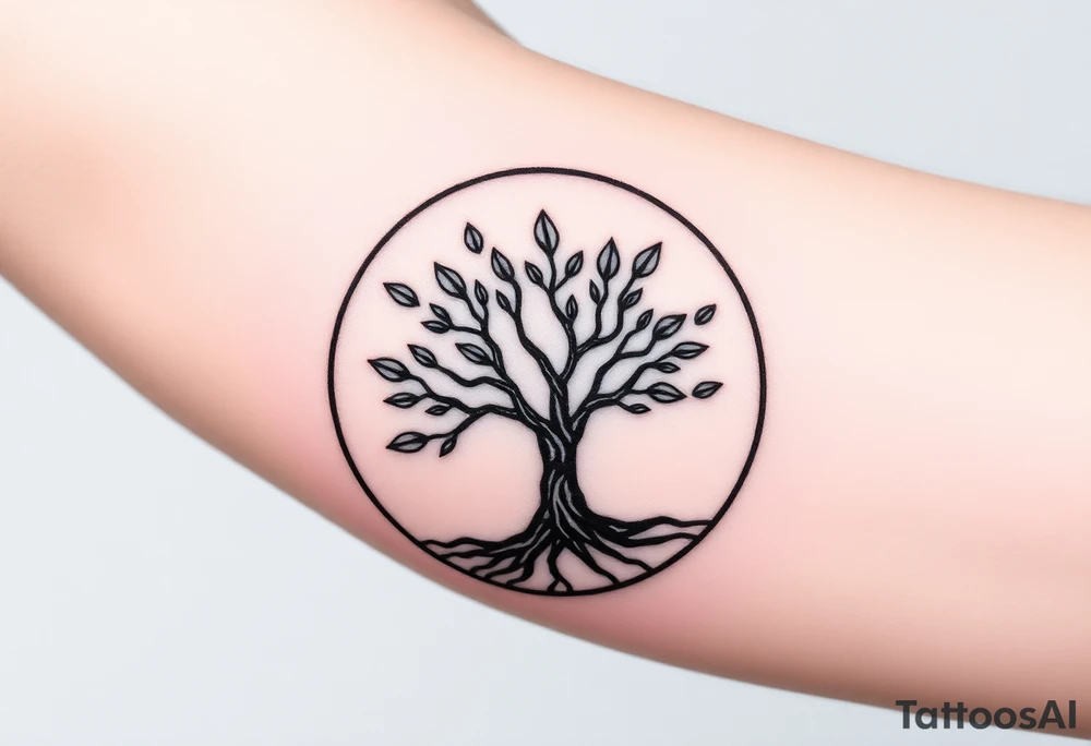 Tree with few leaves, encircled in a circle, with a line starting from the left roots, and spiraling outward in a 
clockwise direction tattoo idea