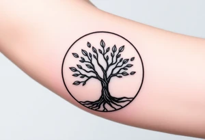 Tree with few leaves, encircled in a circle, with a line starting from the left roots, and spiraling outward in a 
clockwise direction tattoo idea