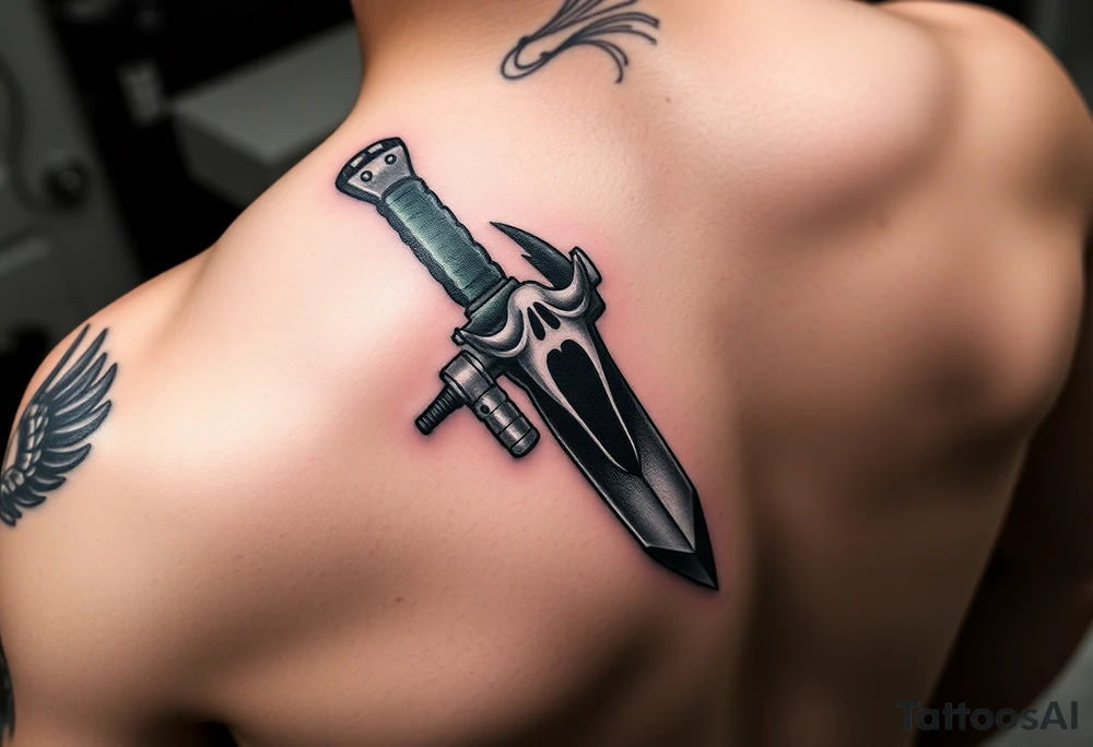 M9 Bayonet knife, with ghostface from scream face in reflection of the blade, and also reminescent of FaZe Clan color scheme and Counter Strike vibe tattoo idea