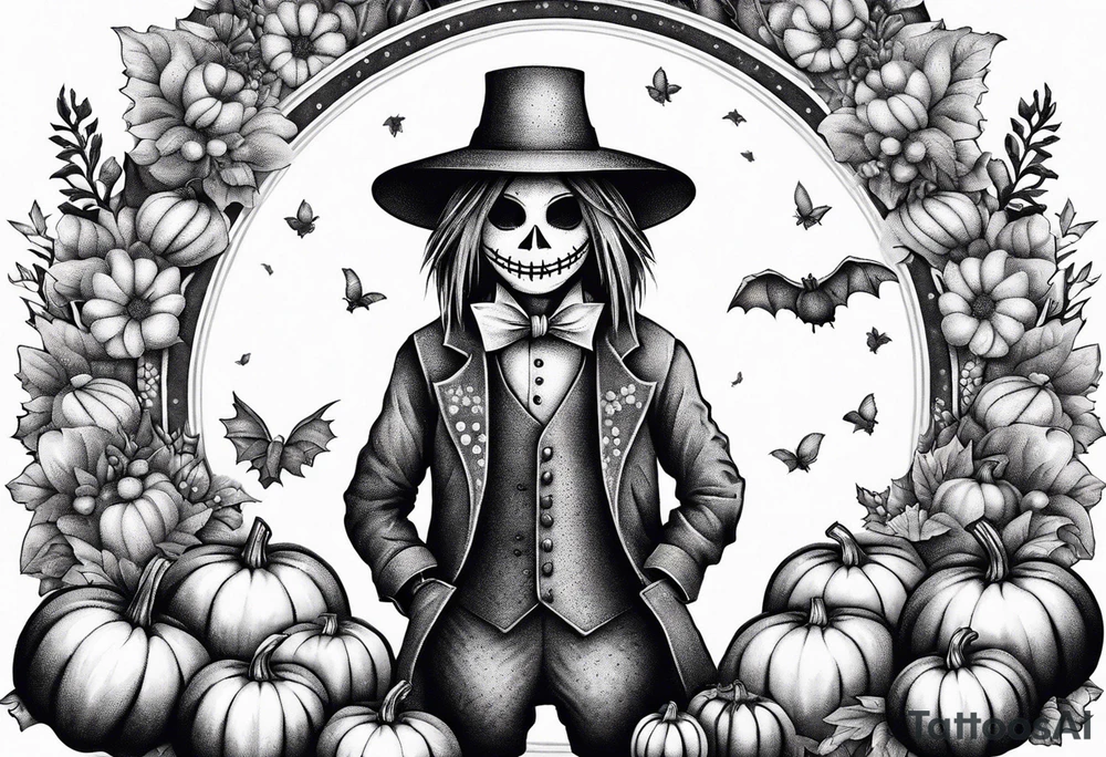 friendly scarecrow with pumpkins and flowers tattoo idea