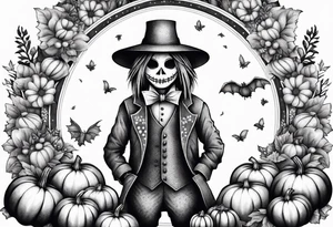 friendly scarecrow with pumpkins and flowers tattoo idea