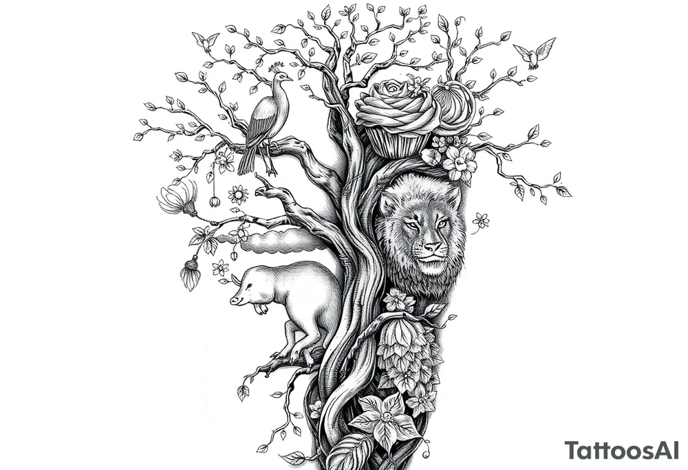 mystical tree with  and celestial branches fat naked sexy woman , peacock , pig , cupcakes, liquor, cigerette, Storm clouds, pig, peacock , fat sexy naked fat woman, cupcakes, noose , money, goat lion, man having sex, cigerette storm lightening, killing, darkness death, violent majestic creatures tattoo idea