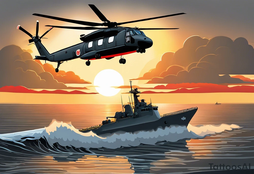 Canadian military grey CH-148 Cyclone helicopter soaring low over rough, ocean waves. The sun is setting, casting a dramatic glow on the scene with realistic clouds and a specular reflection of the helicopter on the water. The helicopter should be the main focus, with intricate details and a sense of motion. In the background, a poppy be prominently displayed tattoo idea