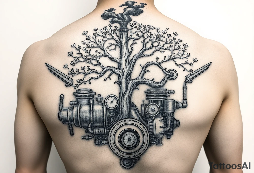 tree growing out of a v shaped engine with lots of pipes, guages and steam around the engine 
 with a smoke stack coming out of the top 
 billowing black smoke as if the tree and engine were a flying machine flying through the air 
 with an extreme steam punk vibe alot more steam punk tattoo idea