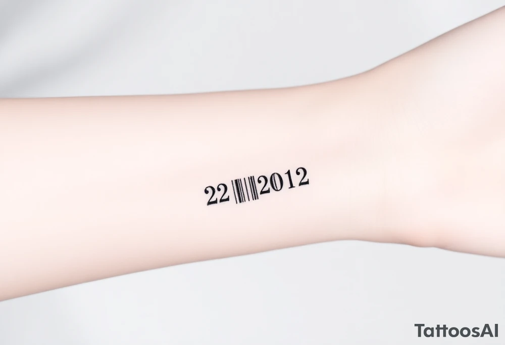 A sleek, minimalist barcode with the couple’s wedding date (22 - 12 - 2012) hidden in the numbers, symbolizing a love marked in time tattoo idea