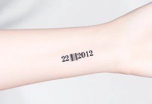 A sleek, minimalist barcode with the couple’s wedding date (22 - 12 - 2012) hidden in the numbers, symbolizing a love marked in time tattoo idea