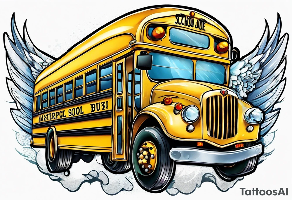 animated school bus with wings tattoo idea