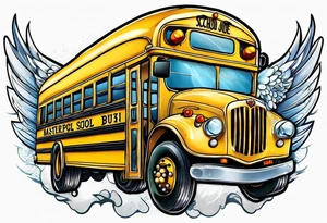 animated school bus with wings tattoo idea