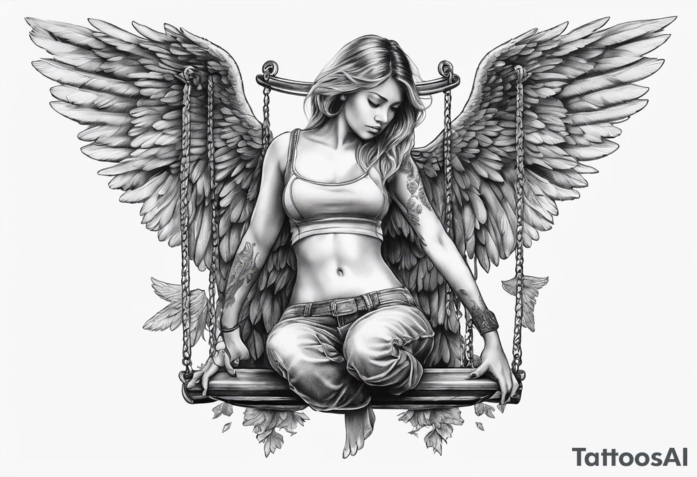 angel on swing with sagging wings, head down tattoo idea