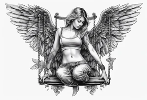 angel on swing with sagging wings, head down tattoo idea