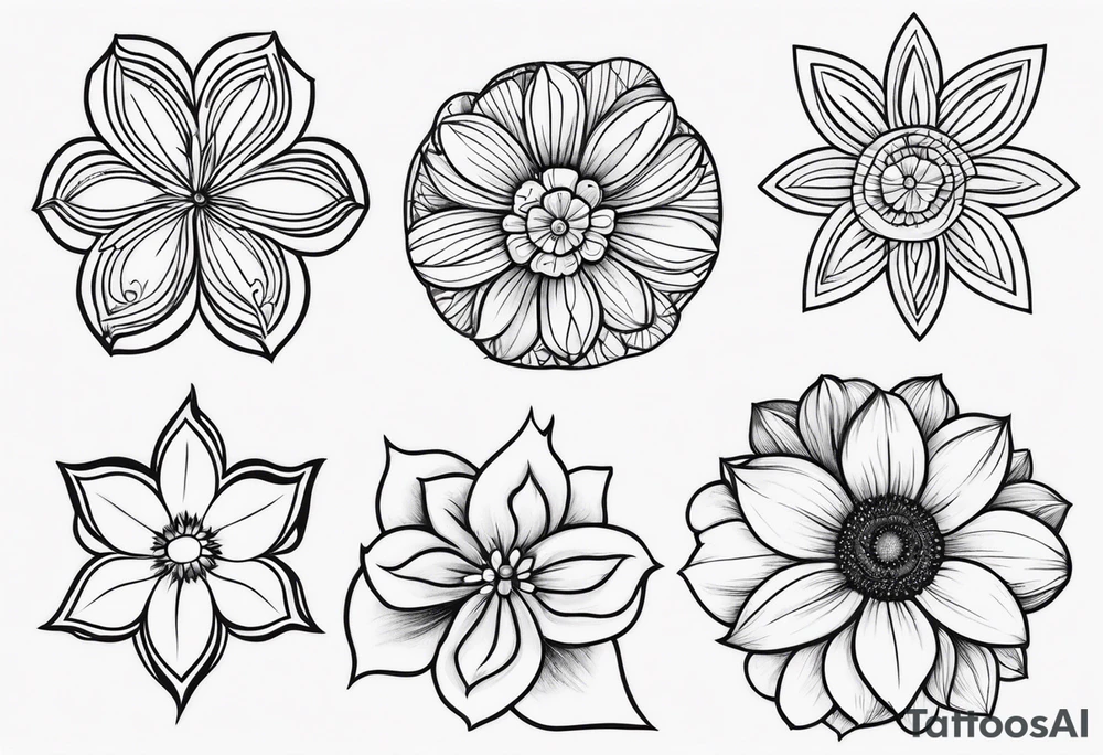 Four small flowers with initials J, F, K, & L in them tattoo idea