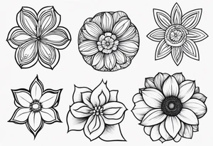 Four small flowers with initials J, F, K, & L in them tattoo idea
