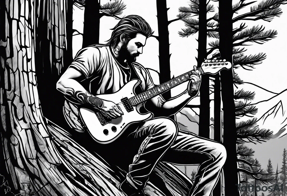 man playing electric guitar while sitting in a pine tree. simple tattoo idea
