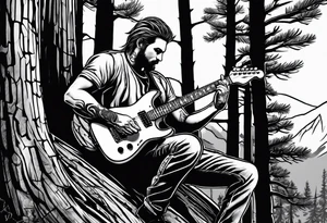 man playing electric guitar while sitting in a pine tree. simple tattoo idea