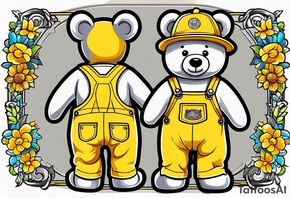 the back of a grey teddy bear standing in yellow overalls, no shirt and boots tattoo idea