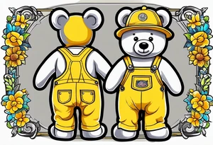 the back of a grey teddy bear standing in yellow overalls, no shirt and boots tattoo idea