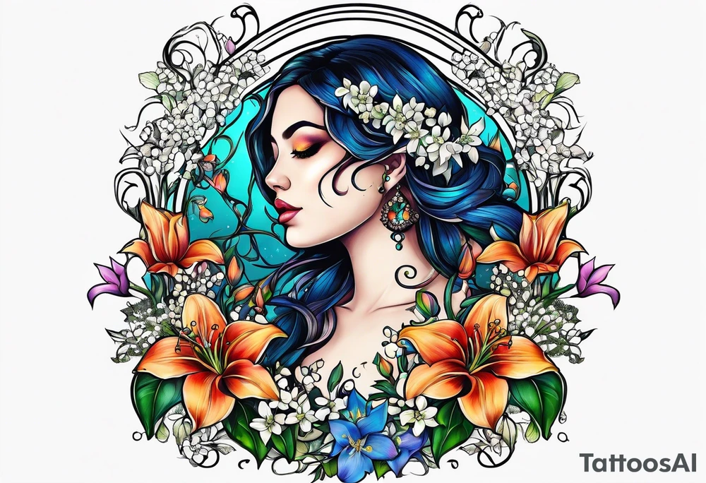 "All the Things. Everywhere." Surrounded by vines and Lilly of the Valley and Larkspur flowers tattoo idea