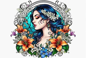 "All the Things. Everywhere." Surrounded by vines and Lilly of the Valley and Larkspur flowers tattoo idea