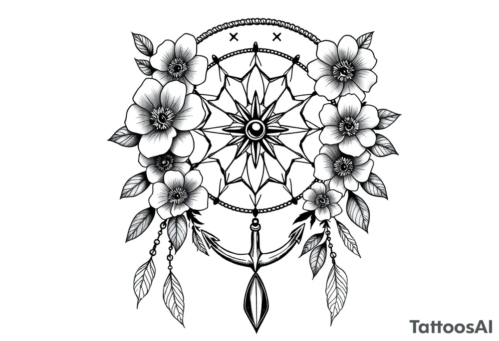 Boho dream catcher with compass and anchor Beautiful flowers and an ornamental chandelier like look tattoo idea