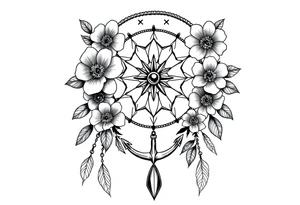 Boho dream catcher with compass and anchor Beautiful flowers and an ornamental chandelier like look tattoo idea