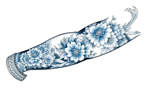 porcelain blue style with ornate, floral, and animal decor with a detailed banded border at the wrist and elbow. tattoo idea