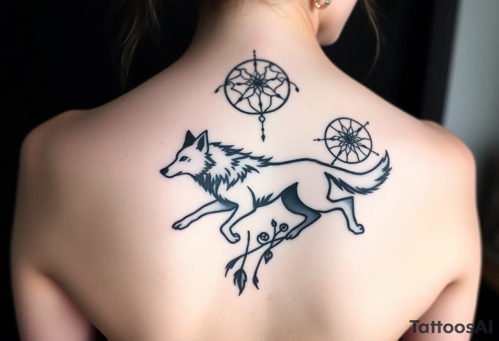 A wolf running through the woods, with dreamcatcher rings behind it tattoo idea
