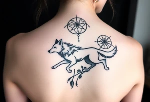 A wolf running through the woods, with dreamcatcher rings behind it tattoo idea